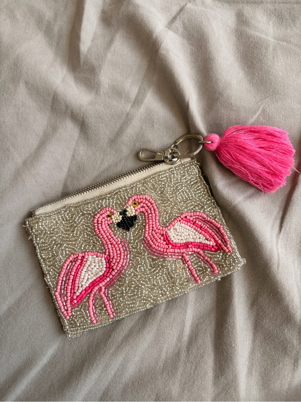 Beaded Pink Flamingo Tassel Coin Purse